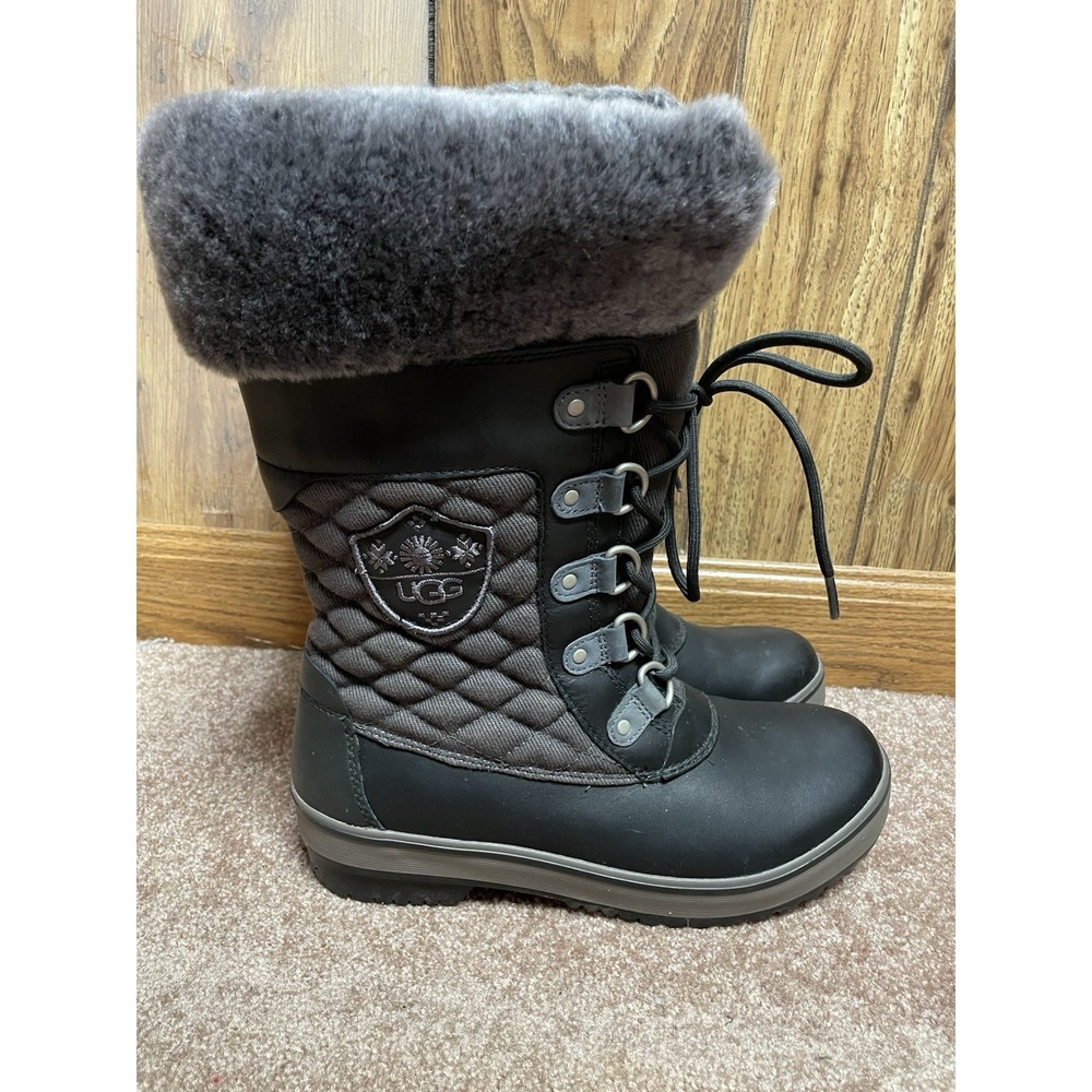 UGG Womens Boots Sz‎ 7 Brynn Tall Waterproof Leather Fur Sheepskin Black Lace